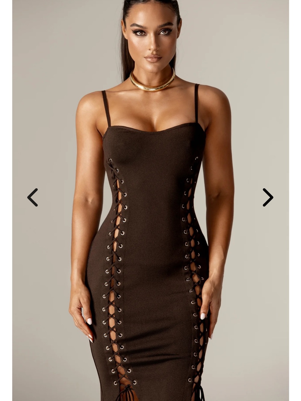 Strap Spaghetti Lace-Up Bodycon Dress - Brown